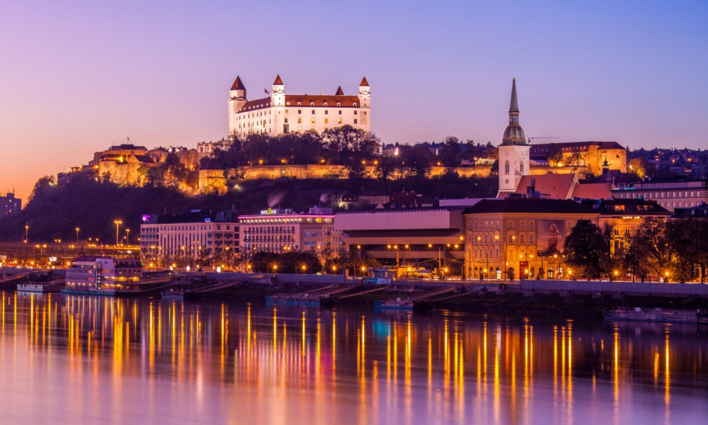 Sunset view of Bratislava Old Town and castle